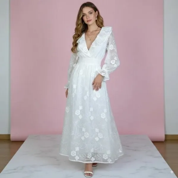 Elliatt Delphi Embroidered Lace Midi Dress in White Bridal Wedding Ready - Image 2