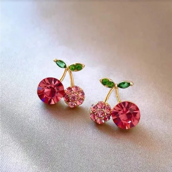 Elegant Pink and Green Crystal Cherry Earrings - Image 3