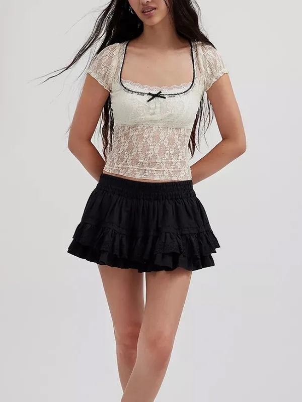 Women’s Sz Medium Short Sleeve Blouse White Lace Black Trim Bow Scoop Neck Sheer - Image 4