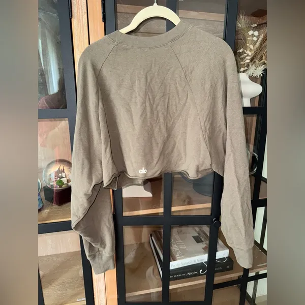 ALO Double Take Pullover long sleeve tee cropped top Olive Branch raw crew - Image 2