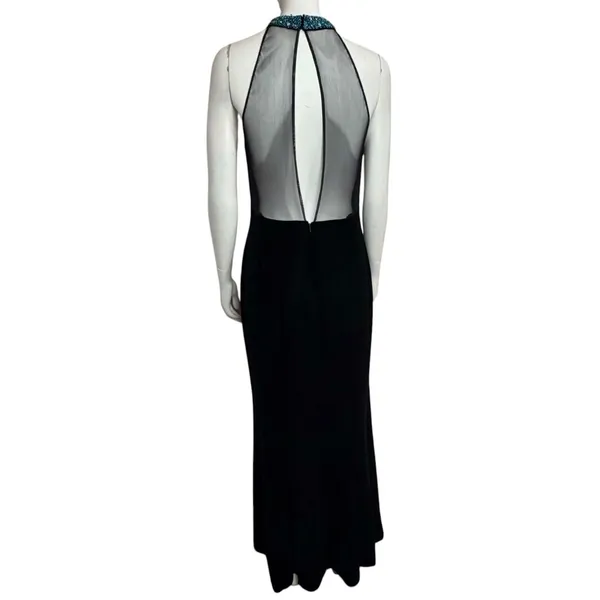 Vintage Black Velvet Evening Gown with Beaded High Neck and Mesh Detailing - Image 2