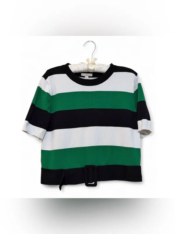 Eva Mendes New York & Co Women’s Short-sleeve Green Stripped Belted Knit Sweater - Image 2