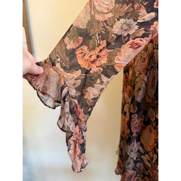 Lauren Ralph Silk Floral Ruffle Midi Dress Brown Pink boho whimsigoth 12 dainty - Image 3