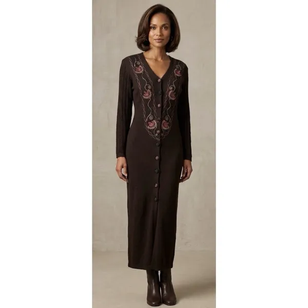 Vintage Carole Little Sweater Dress Duster Floral Embroidered Midi Wool Brown - Image 2