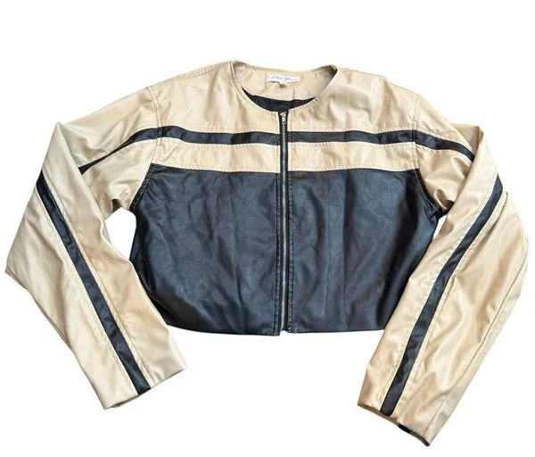Lane 201 Cloud Ten Women’s Size M Cropped Racer Jacket Black Tan Faux Leather Moto Baddie - Image 2