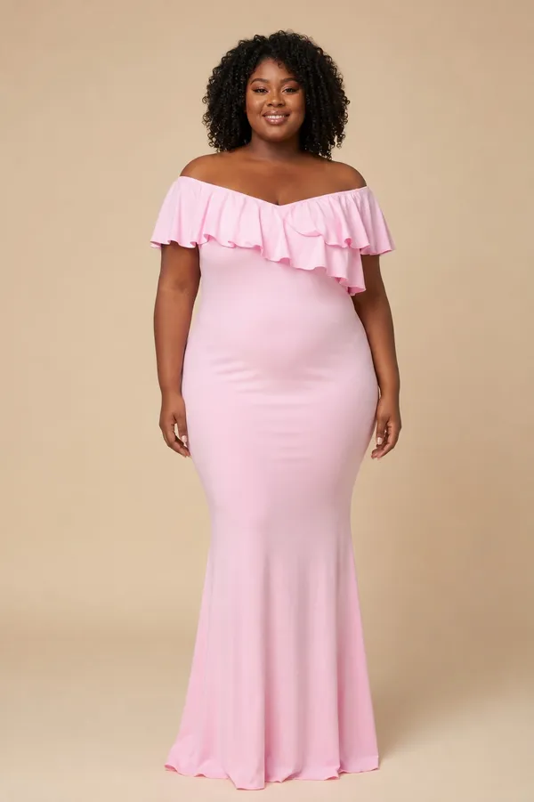 Women’s Pink Off-Shoulder Ruffle Stretch Maternity Mermaid Maxi Gown - Image 2