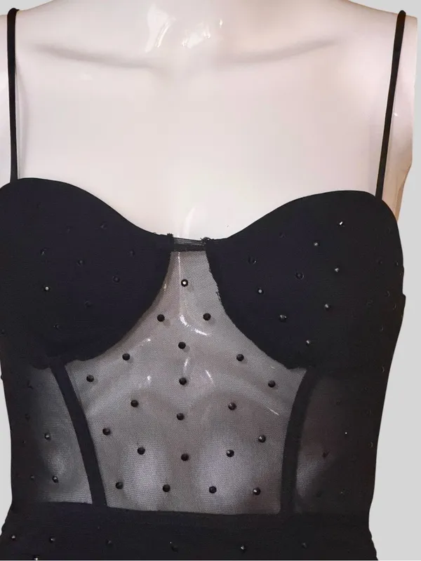 Black Sheer Mesh Bodice Ruched Mini Dress - Image 4