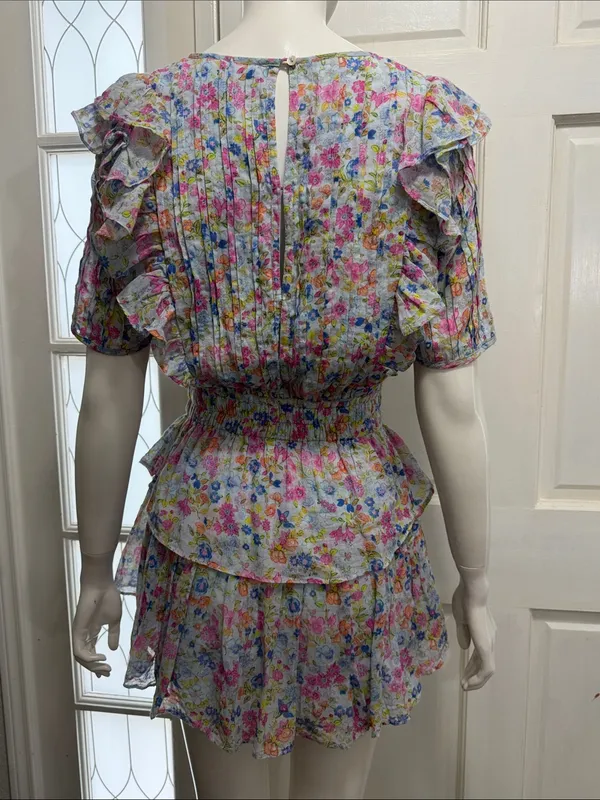 LoveShackFancy 100% Cotton Smocked Ruffle Mini Dress Blue & Pink Floral Size XS - Image 11
