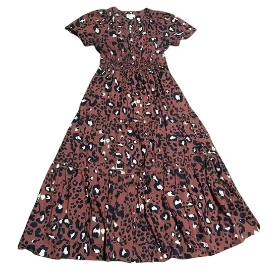 Anthropologie Somerset Maxi Dress Leopard Print Tiered Smocked Rust Brown Medium - Image 3