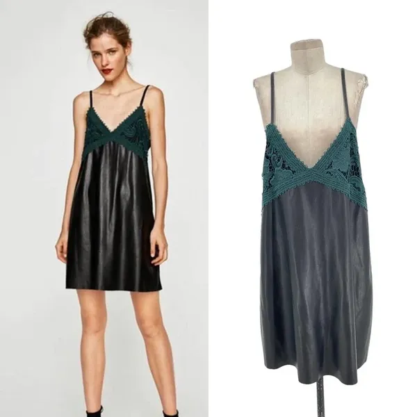 Zara Dress‎ Faux Leather Crochet Embroidered Slip Mini Black Green Size Large - Image 2