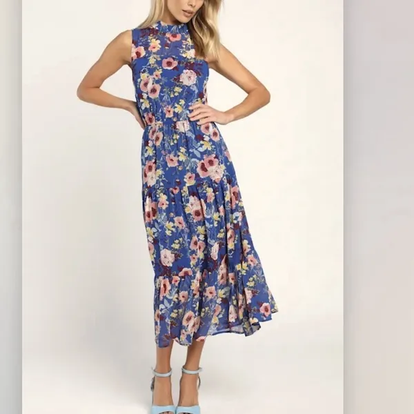Lulus In My Dreams Blue Floral Sleeveless Chiffon Midi Dress LARGE Wedding - Image 3