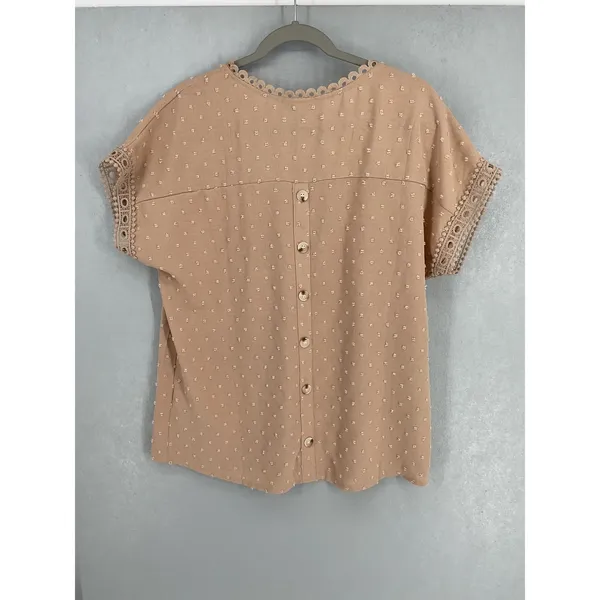 Dokotoo Womens Blouse Tan Swiss Dot Crochet Lace Trim Button Back Large - Image 3