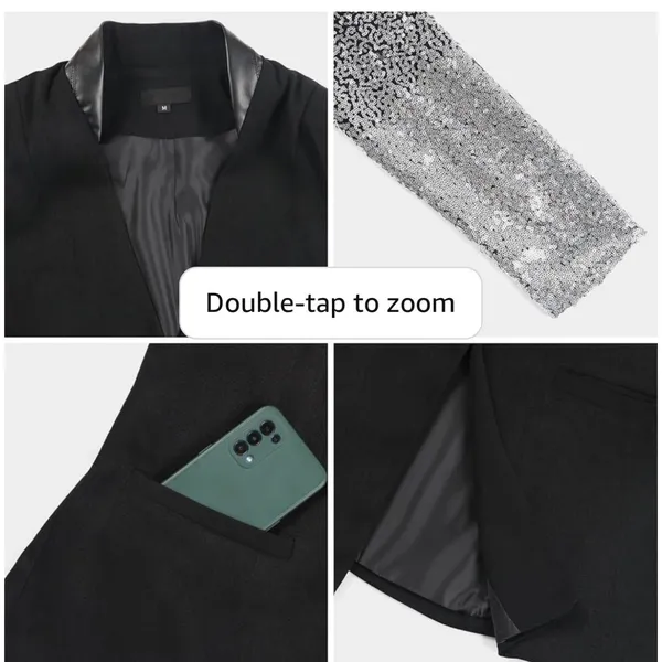 Ebossy Sequin Ombre Sleeve Blazer Womens Large Black Silver Glam Jacket - Image 8