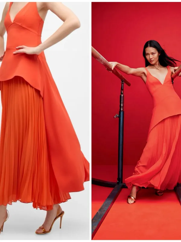 NWT Sequoia Pleated Combo Sleeveless V-Neck Midi Dress in Flame Orange Sz 00 - Image 7