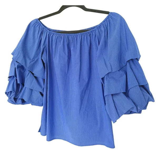Zara Tiered Ruffle Off Shoulder Top XS Blue Pinstripe Retro European Coastal - Image 4