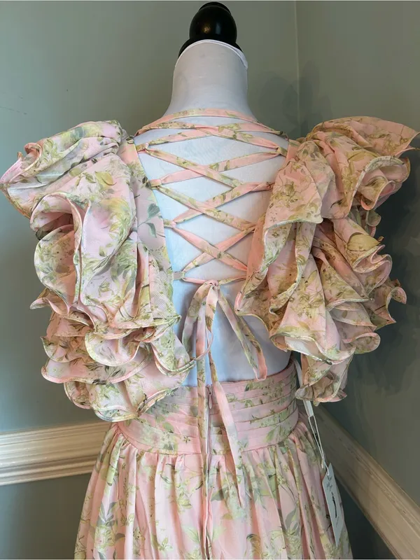 Romantic Pink Floral Maxi Dress with Puff Sleeves size 2 - Image 4