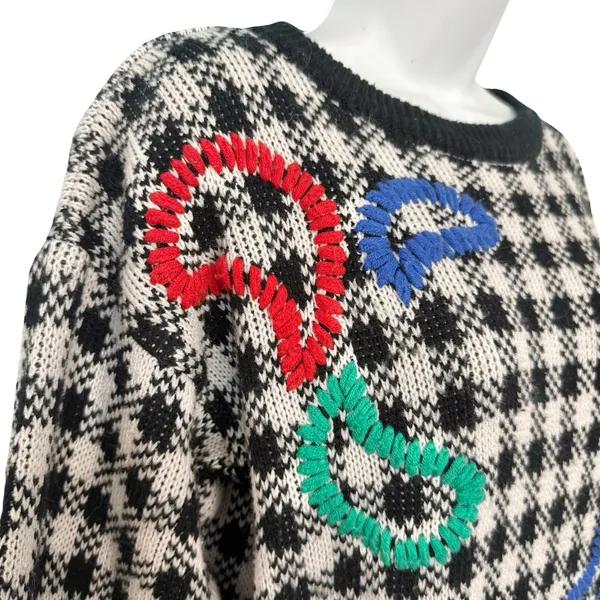 Vintage Black White Check Wide Stitch Rainbow Detail Crew Neck Sweater size S - Image 9