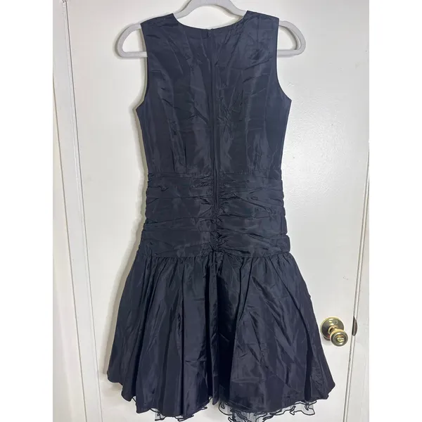 Vintage 80s Zoë Ltd Black Taffeta Dropped Ruched Waist Mini Party Dress - Image 3