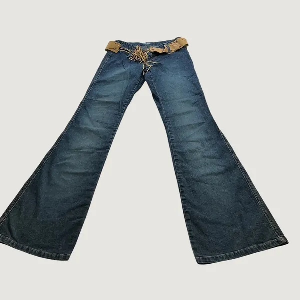 Angels So Sweet Y2K Flare Jeans Blue Denim Lace Up Faux Suede Belt Bell Bottoms - Image 2