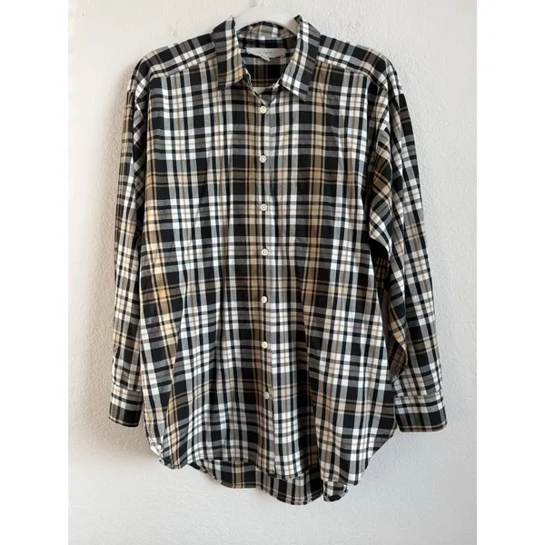 LOFT Womens M Plaid Button Front Shirt Long Sleeve Autumn Fall Cream Brown Black - Image 8