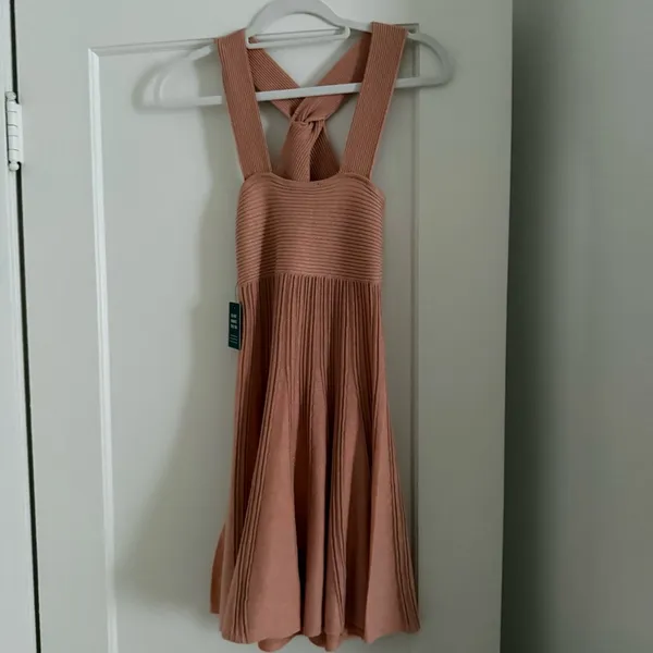Express women’s Peach Halter Neck Cross Front shimmer Sweater Dress XSmall nwt - Image 5