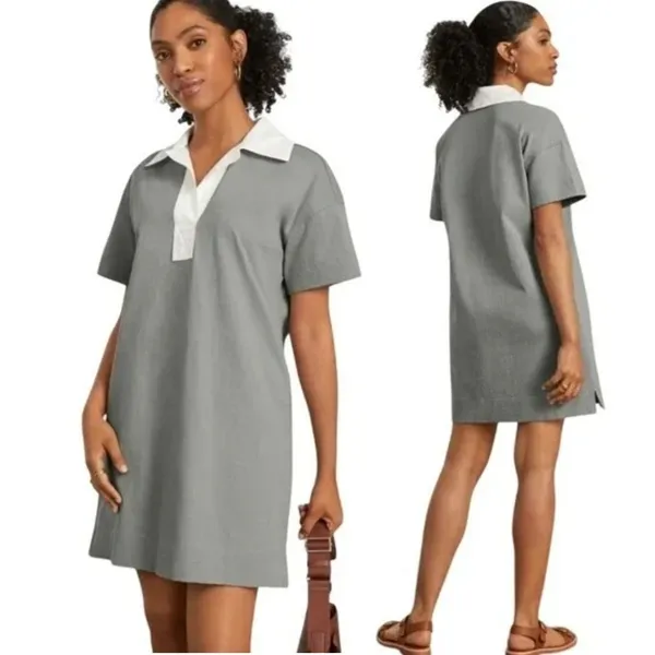 EVERLANE Organic Cotton‎ Polo T Shirt Dress Short Sleeve White Collar Fog XS - Image 10