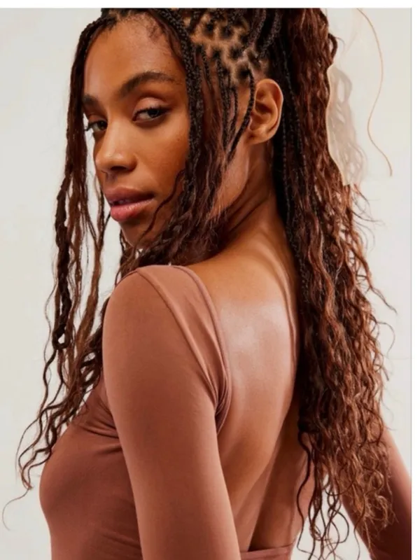 FREE PEOPLE Low Back Long Sleeve‎ Tee Top Medium Large Brown Seamless Ballet New - Image 7