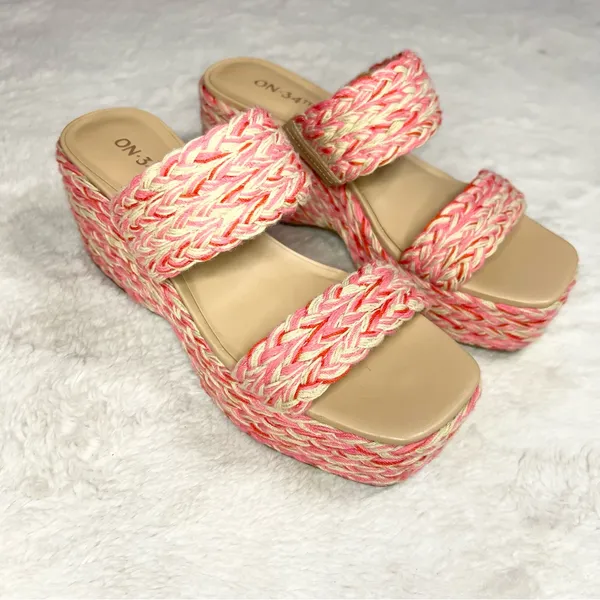 ON 34th Pink & Cream Norina Woven Platform Wedge Sandals Espadrilles Size 6 - Image 2