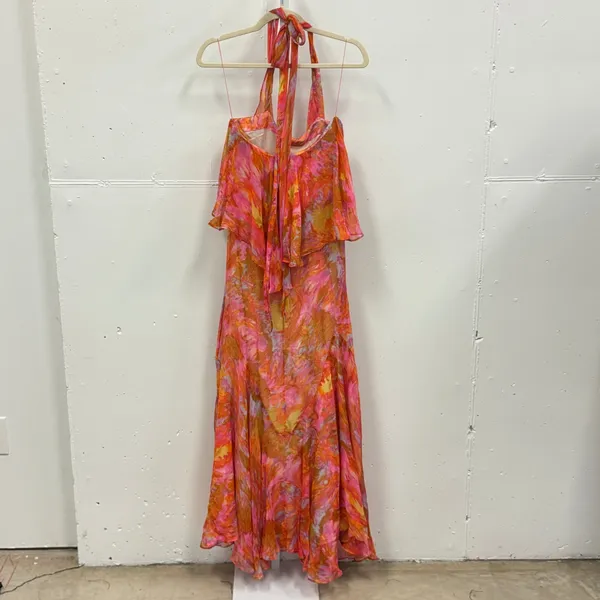 Foley + Corinna Silk Halter‎ Maxi Dress Orange Watercolor Print XS Boho Abstract - Image 2