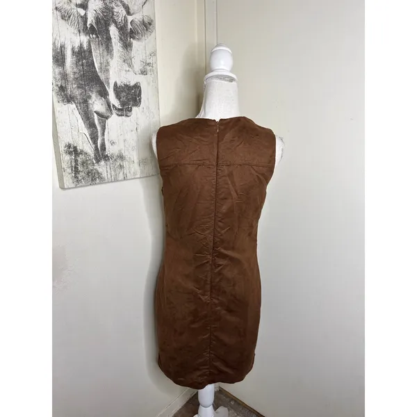 Vintage Mossimo Faux Suede Mini Shift Dress Brown V-Neck Pockets S/P Boho Earthy - Image 3