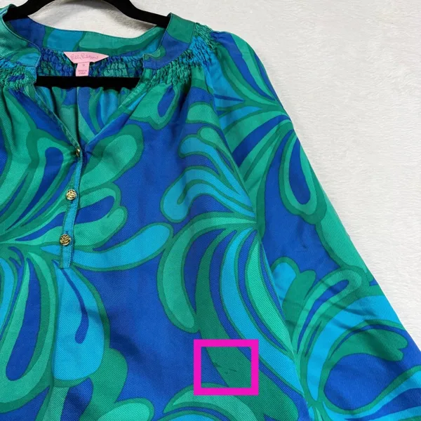 Lilly Pulitzer S Elsa 100% Silk Blouse Blue Green Floral Psychedelic Boho Resort - Image 3
