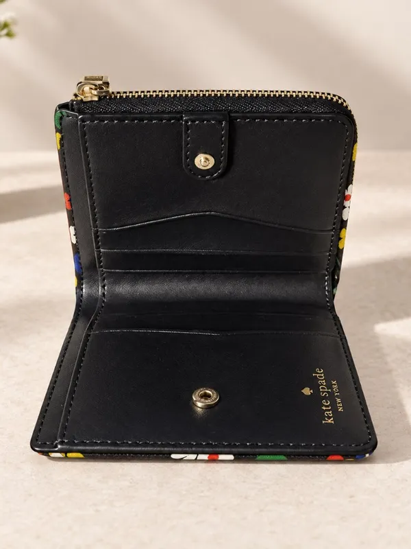 Kate Spade Floral Compact Snap Wallet Black Multicolor Zip Coin Pocket - Image 4