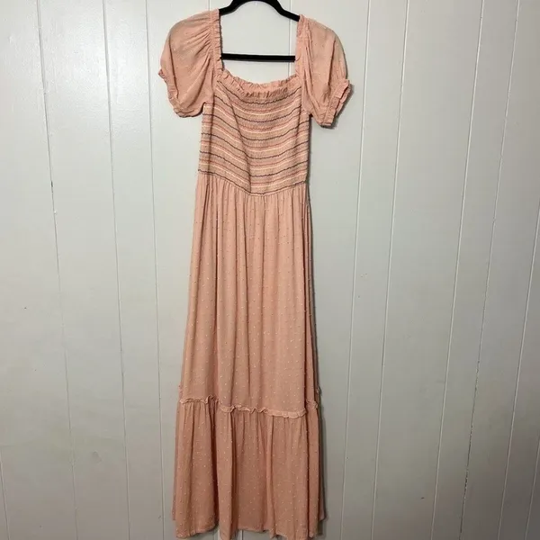 Prómesa Smocked Bodice Puff Sleeve Tiered Maxi Dress Peach M - Image 2
