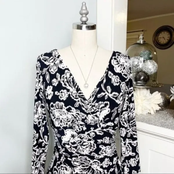 Ralph Lauren Floral Ruched Sheath Dress Black & White 2 XS - Image 3