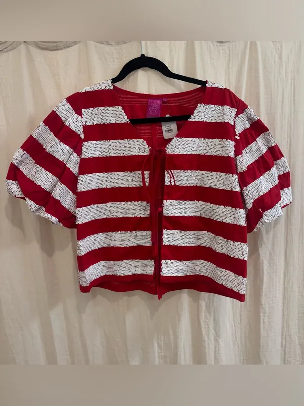 QUEEN OF SPARKLES Red & White Striped Tie-Front Puff Sleeve Crop Top - Image 3