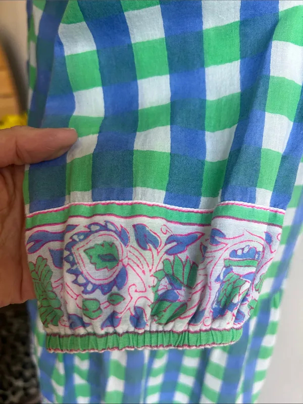 SZ Blockprints Priya Gingham Tiered Blue Green White Dress Size Small - Image 8