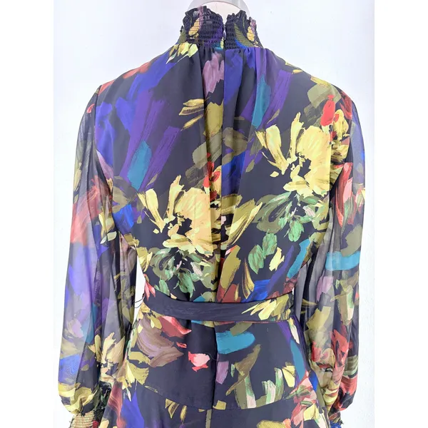 Alex Marie Floral Chiffon Smocked Mock Neck Sheer Sleeve Dress Navy 8 - Image 10