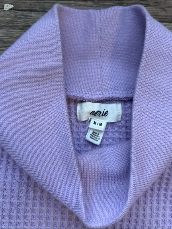 aerie Lilac Waffle Knit Mock Neck Long Sleeve Top Preppy Fall School Comfy Sz M - Image 3
