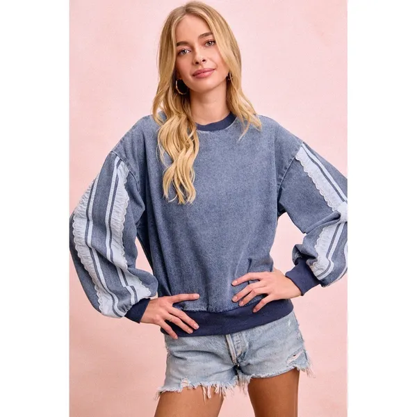 BiBi Washed Denim‎ Lace Contrast Sided Sweatshirt - Image 4