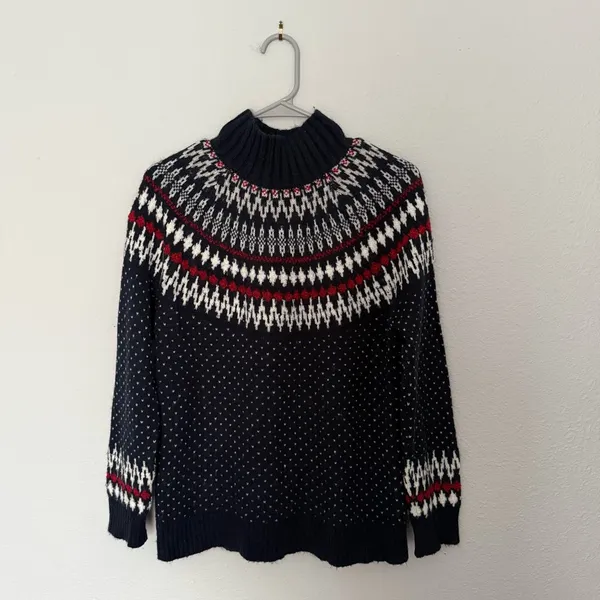 Eddie Bauer Fair Isle Sweater Navy Mock Neck Size M Cozy Knit - Image 2
