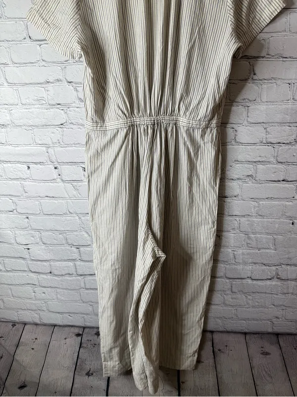 Madewell Cream and Navy Striped Button-Up jumpsuit wide leg size large - Image 11