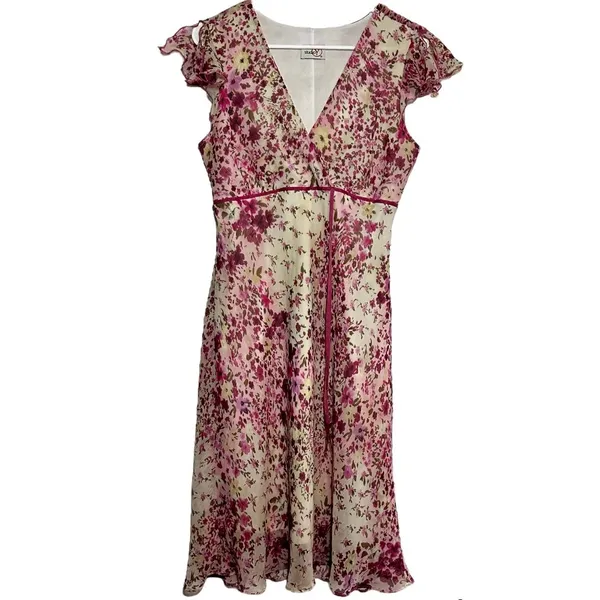 Vintage Studio Y Empire Waist Dress Y2K Short Sleeve V-Neck Tie Floral Pink XL - Image 2