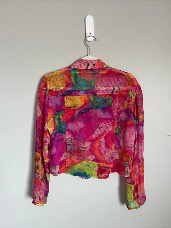 Chico's Multicolor Silk Cropped Button-Up Blouse Sz S - Image 5