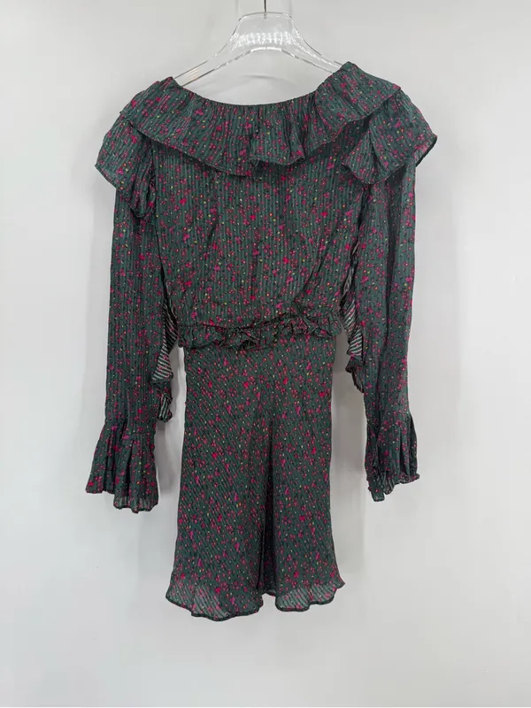 FREE‎ PEOPLE SWEETEST THING RUFFLE GREEN FLORAL MINI DRESS size 0 - Image 5