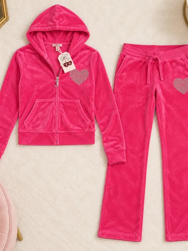 Juicy Couture Pink Velour Rhinestone Heart Tracksuit Set Hoodie Pants L NWT - Image 4