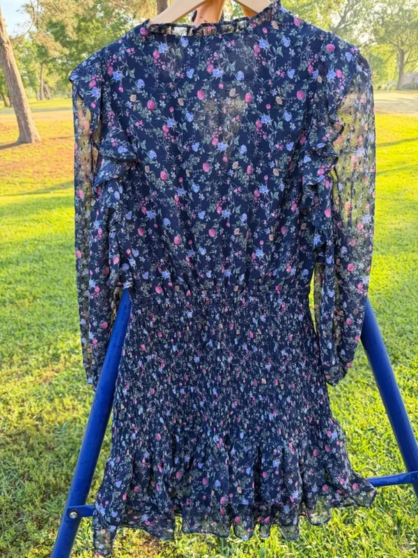 Lush Clothing Floral Smocked Mini Dress Medium Navy Blue Ruffle Long Sleeve Cottagecore - Image 9