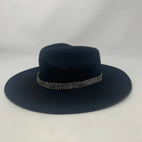 Zara Hat Wool Fedora Hat with Crystals Rhinestones Wide Brim Black‎ Size Small - Image 2