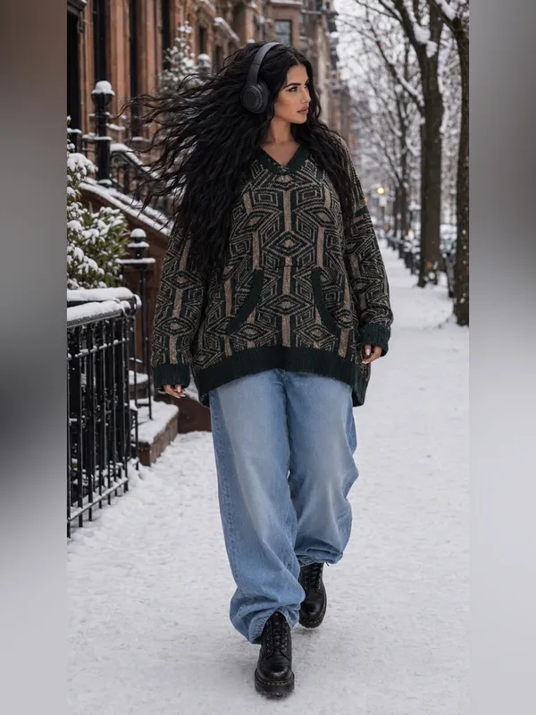 Free People Aztec Print Hoodie Sweater Moss Green Cream Oversized M - Image 7