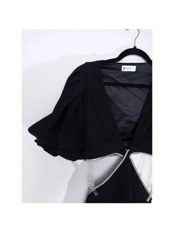 ALC Frank Hazel Crystal Twist Cutout Mini Dress 12 Black Balloon Puff Sleeve Diamond - Image 9