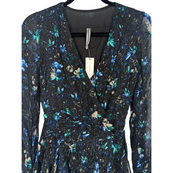 NWT Anthropologie Ruched Floral‎ Mini Dress Black Blue Size XS Fairy Feminine - Image 7